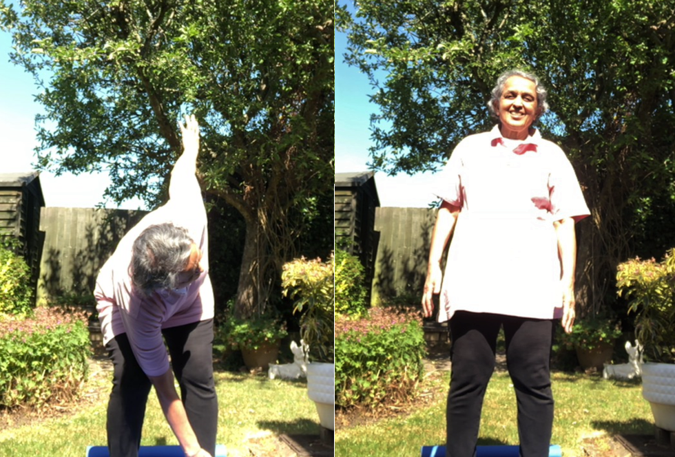 Image on left shows woman in pink top bending overwith one arm to floor and one arm in air, image on right shows same woman looking at camera and smiling